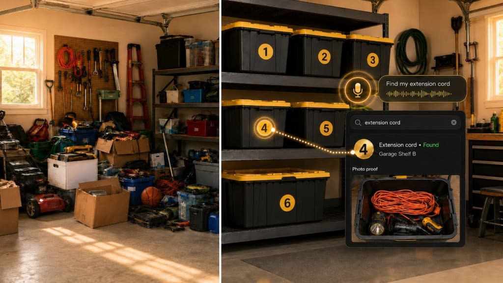 Before and after: cluttered garage storage versus organized Totely bins with numbered yellow-lid totes on shelves