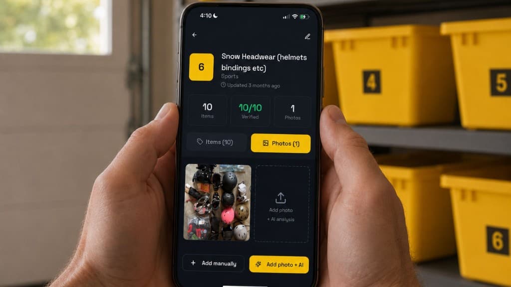 Numbered storage totes with a phone showing a searchable home inventory
