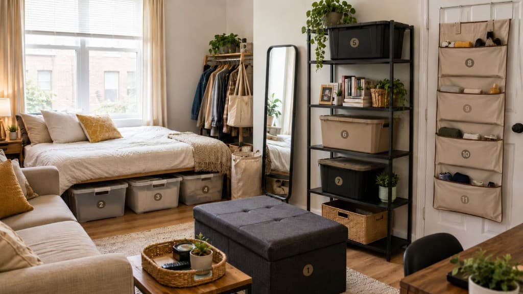 Small apartment storage bins with numbered labels under a bed and on renter-friendly shelves