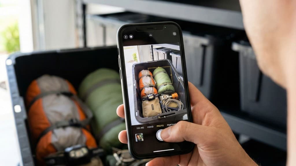 Numbered storage bins on shelves with a phone showing a searchable inventory