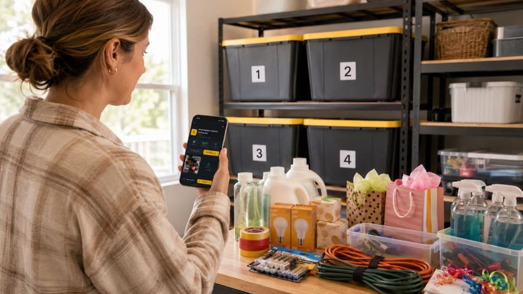 Numbered storage totes and household supplies organized with a searchable storage system