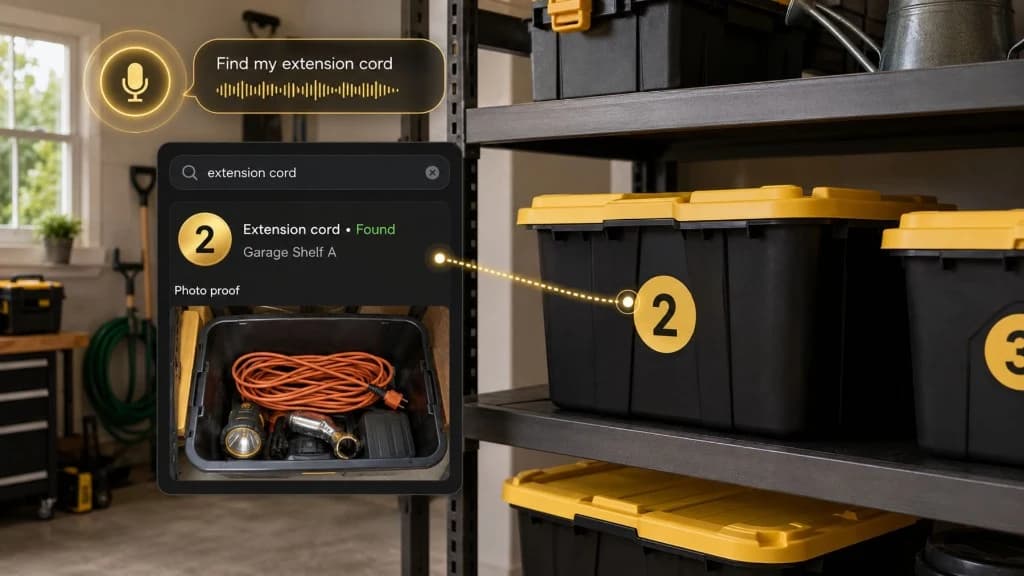Numbered storage bins on shelves with simple visible labels and a phone showing searchable contents and exact bin locations, including holiday decorations, Christmas lights, wrapping supplies, camping gear, tent stakes, headlamps, tools, hardware, extension cords, batteries, sprinkler parts, garden gloves, baby clothes, kids' clothes, seasonal clothing, winter gear, beach gear, craft supplies, yarn, vinyl rolls, sports gear, sentimental items, family recipes, guest linens, household backstock, moving boxes, and storage-unit boxes