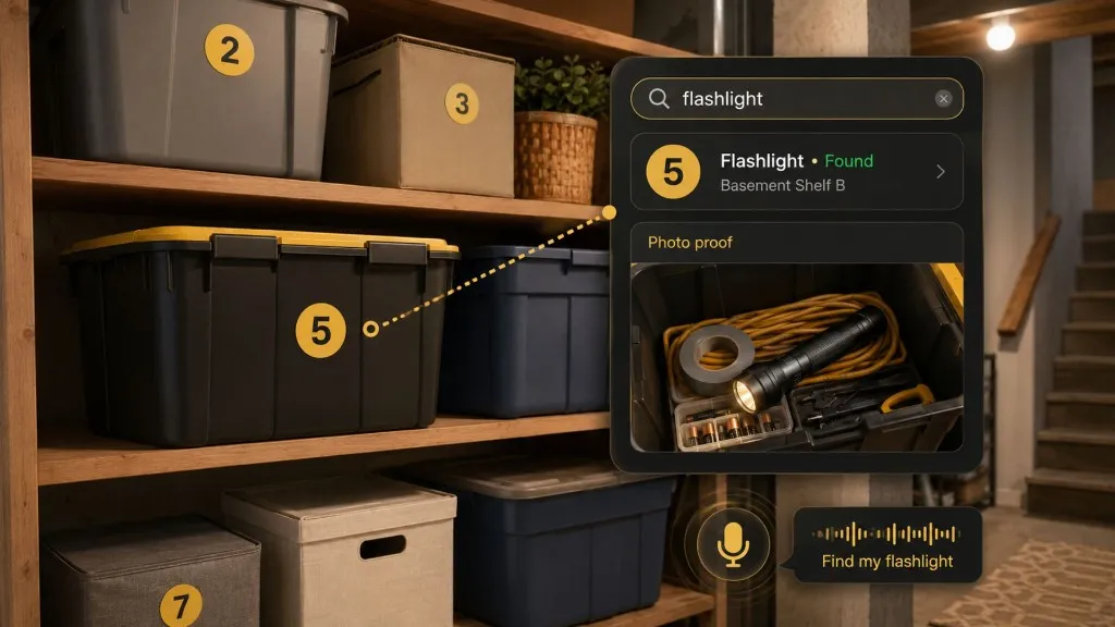 Numbered storage bins on basement shelves with yellow circle labels and a phone showing a flashlight search result, photo proof inside bin 5, and voice search