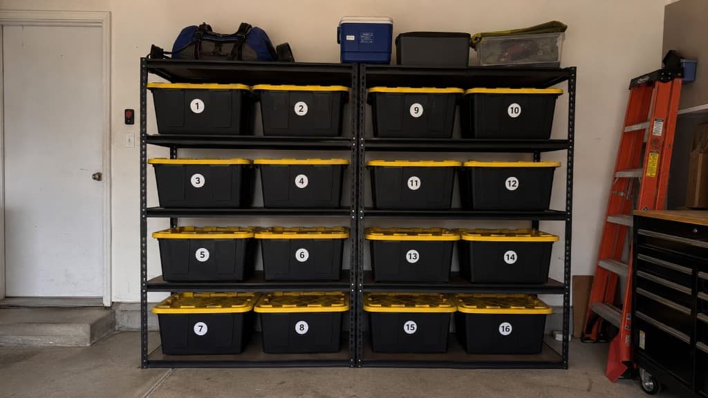 Organized garage storage shelves with numbered containers