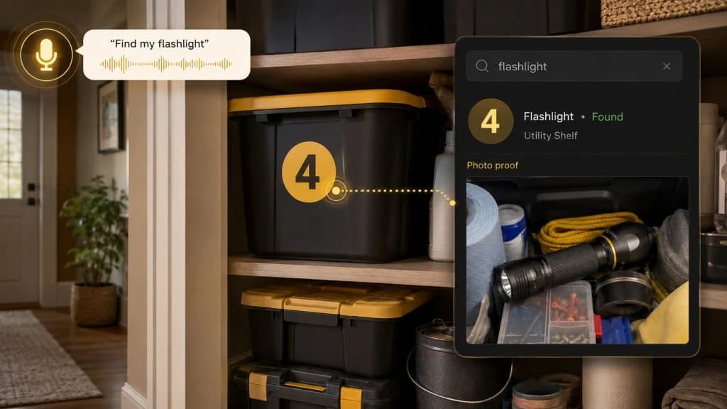 A phone showing a searchable home inventory with numbered storage bins, household items, furniture, electronics, appliances, tools, bikes, outdoor gear, camping gear, seasonal decor, holiday lights, craft supplies, baby clothes, kids' clothes, sentimental items, family recipes, jewelry or valuables, receipts, serial numbers, closets, garages, attics, basements, under-bed storage, storage units, moving boxes, and photo proof