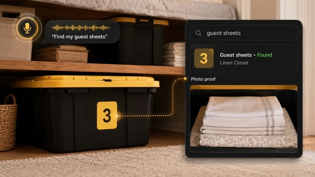 Garage shelf with numbered storage bins, tools, extension cords, batteries, camping gear, sports equipment, and a phone showing searchable bin contents