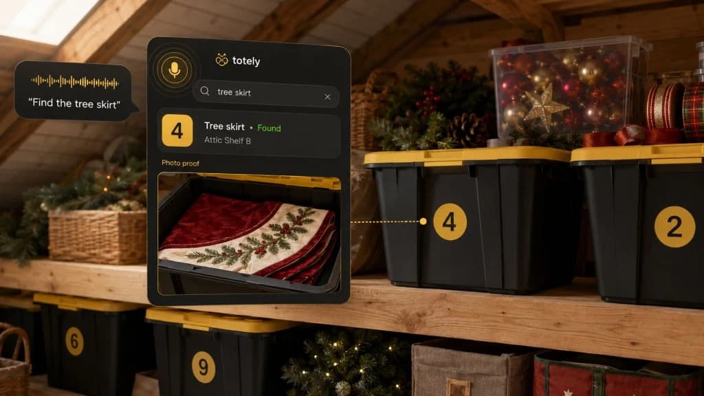 Numbered holiday decor totes with ornaments, lights, wreath hanger, and table linens organized by room and theme