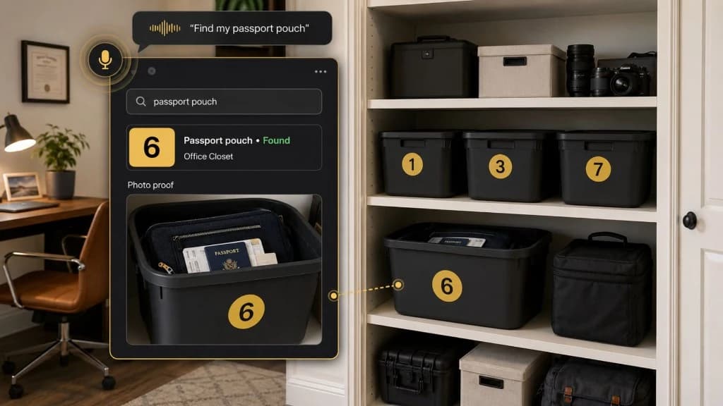 Comparison of a manual home inventory list and a searchable photo-based inventory showing holiday lights found in a numbered container.