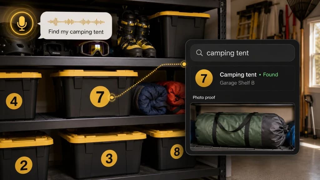 A phone showing a home inventory checklist with numbered storage bins, furniture, electronics, appliances, small appliances, tools, bikes, outdoor gear, camping gear, sports gear, craft supplies, jewelry or valuables, artwork, rugs, musical instruments, computers, cameras, gaming consoles, phones or tablets, baby gear, kids' clothes, seasonal clothing, holiday decor, Christmas decorations, holiday lights, sentimental items, family recipes, important documents, guest linens, household backstock, storage bins, moving boxes, closets, garages, attics, basements, under-bed storage, storage units, and photo proof