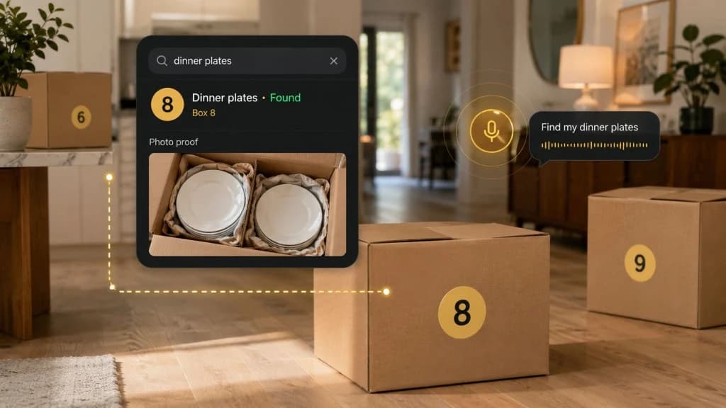 Numbered moving boxes labeled by room and priority with a phone showing searchable box contents and photo proof