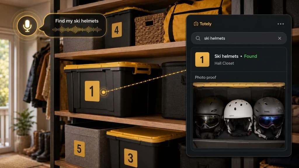 Totely storage organization system showing numbered containers, photo capture, saved location, and search result for extension cord.