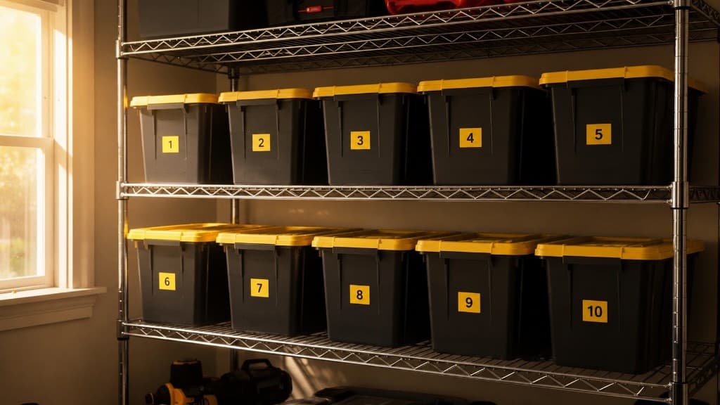 Numbered storage totes on shelves with Totely search interface overlay