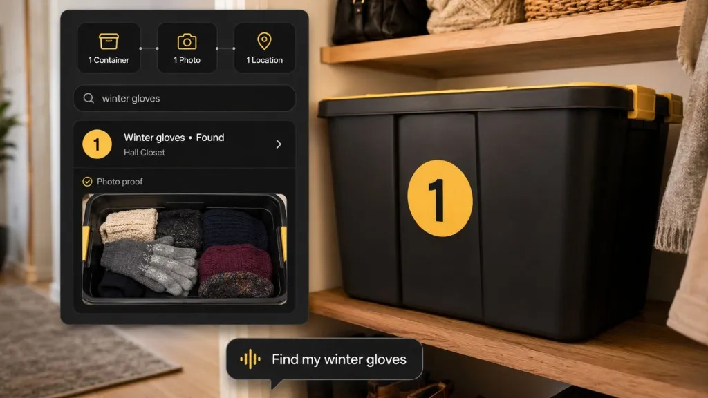 One numbered storage tote with a phone showing a searchable result for guest sheets.