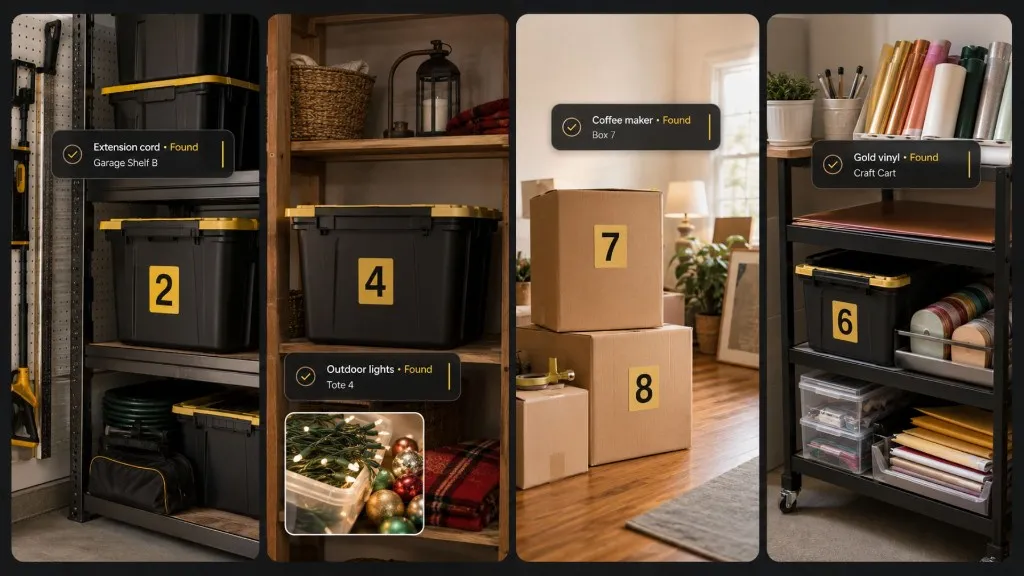 Numbered home storage containers across garage, holiday, moving, and craft zones with searchable Totely records.
